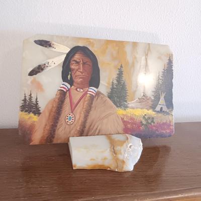 SIGNED NATIVE AMERICAN INDIAN OIL PAINTING ON A SLAB OF MARBLE