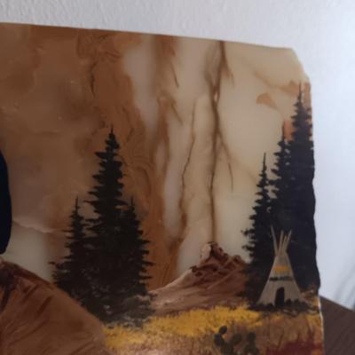 SIGNED NATIVE AMERICAN INDIAN OIL PAINTING ON A SLAB OF MARBLE