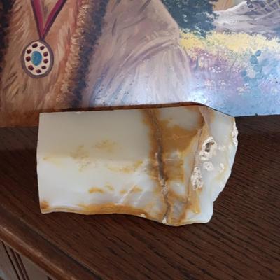 SIGNED NATIVE AMERICAN INDIAN OIL PAINTING ON A SLAB OF MARBLE