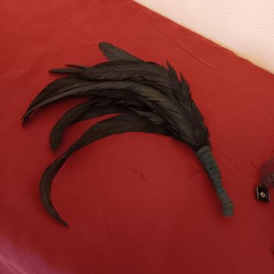 ANTIQUE DAYIRE LADIES HAT, HAND BEADED DRESS GLOVES AND AUTHENTIC FEATHER FAN