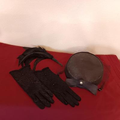 ANTIQUE DAYIRE LADIES HAT, HAND BEADED DRESS GLOVES AND AUTHENTIC FEATHER FAN