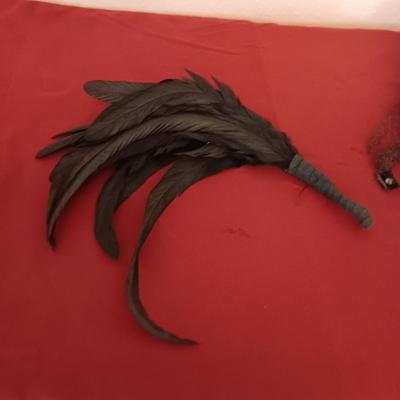 ANTIQUE DAYIRE LADIES HAT, HAND BEADED DRESS GLOVES AND AUTHENTIC FEATHER FAN