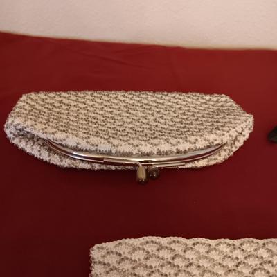 VINTAGE BEADED CLUTCH PURSE WITH COIN PURSE PLUS AN AUTHENTIC FEATHER FAN