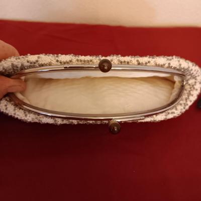VINTAGE BEADED CLUTCH PURSE WITH COIN PURSE PLUS AN AUTHENTIC FEATHER FAN