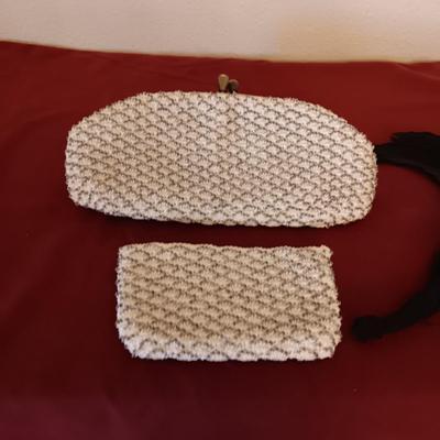 VINTAGE BEADED CLUTCH PURSE WITH COIN PURSE PLUS AN AUTHENTIC FEATHER FAN