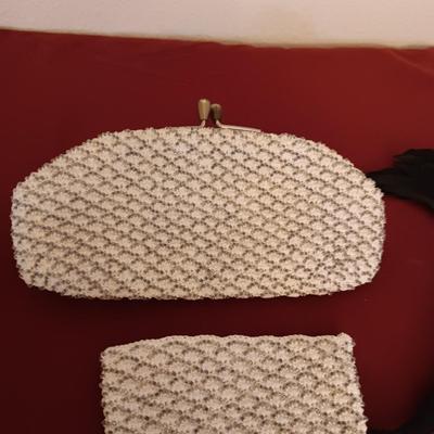 VINTAGE BEADED CLUTCH PURSE WITH COIN PURSE PLUS AN AUTHENTIC FEATHER FAN