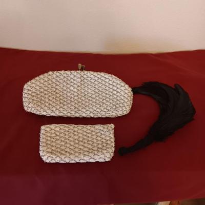 VINTAGE BEADED CLUTCH PURSE WITH COIN PURSE PLUS AN AUTHENTIC FEATHER FAN