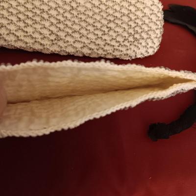 VINTAGE BEADED CLUTCH PURSE WITH COIN PURSE PLUS AN AUTHENTIC FEATHER FAN