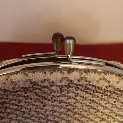 VINTAGE BEADED CLUTCH PURSE WITH COIN PURSE PLUS AN AUTHENTIC FEATHER FAN