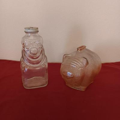 2 VINTAGE GLASS COIN BANKS