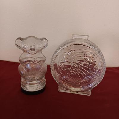 INDIAN HEAD GLASS COIN BANK AND SAN DIEGO ZOO GLASS JAR