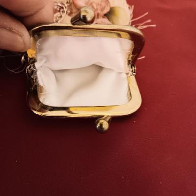 HANDMADE VINTAGE BEADED PURSE W/LONG GOLD TONE CHAIN AND A SMALL CHANGE PURSE
