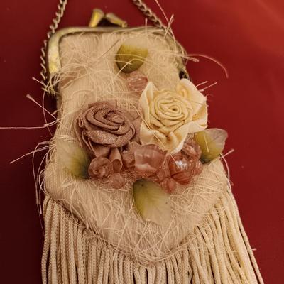 HANDMADE VINTAGE BEADED PURSE W/LONG GOLD TONE CHAIN AND A SMALL CHANGE PURSE