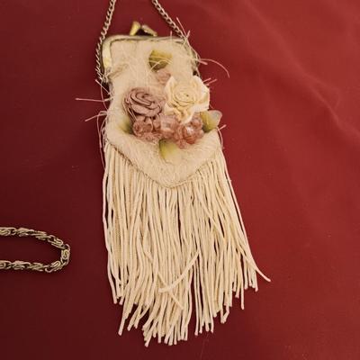HANDMADE VINTAGE BEADED PURSE W/LONG GOLD TONE CHAIN AND A SMALL CHANGE PURSE