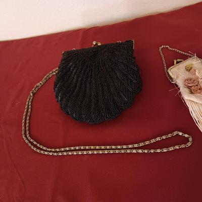 HANDMADE VINTAGE BEADED PURSE W/LONG GOLD TONE CHAIN AND A SMALL CHANGE PURSE