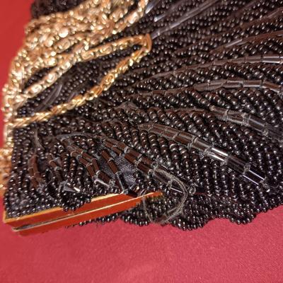 HANDMADE VINTAGE BEADED PURSE W/LONG GOLD TONE CHAIN AND A SMALL CHANGE PURSE