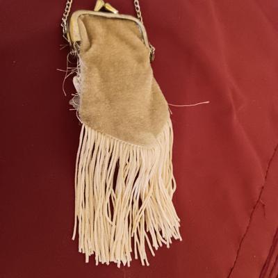 HANDMADE VINTAGE BEADED PURSE W/LONG GOLD TONE CHAIN AND A SMALL CHANGE PURSE