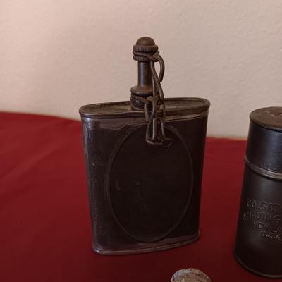 MILITARY MACHINE GUN OILER CAN, METAL COLGATE SHAVING STICK, BULLET KEYCHAIN AND SPENT CARTRIDGES