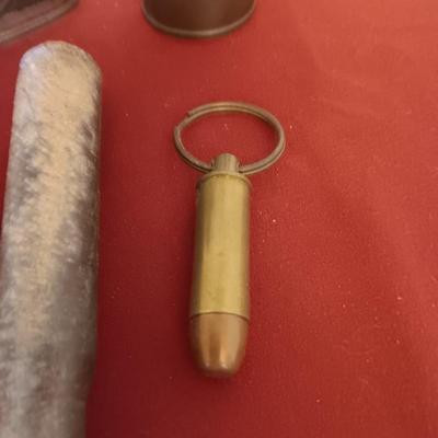 MILITARY MACHINE GUN OILER CAN, METAL COLGATE SHAVING STICK, BULLET KEYCHAIN AND SPENT CARTRIDGES