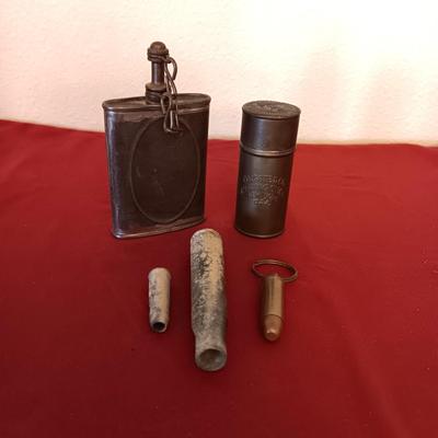 MILITARY MACHINE GUN OILER CAN, METAL COLGATE SHAVING STICK, BULLET KEYCHAIN AND SPENT CARTRIDGES