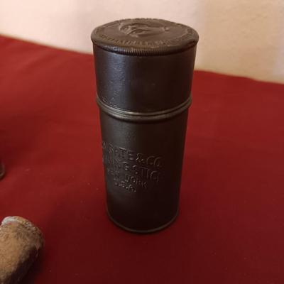 MILITARY MACHINE GUN OILER CAN, METAL COLGATE SHAVING STICK, BULLET KEYCHAIN AND SPENT CARTRIDGES