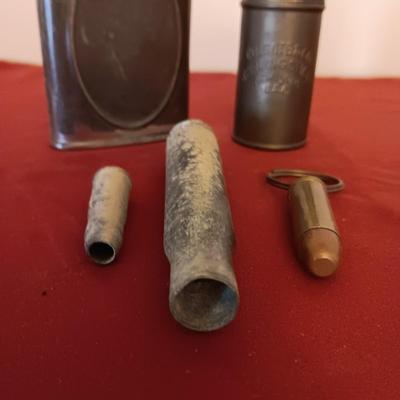 MILITARY MACHINE GUN OILER CAN, METAL COLGATE SHAVING STICK, BULLET KEYCHAIN AND SPENT CARTRIDGES