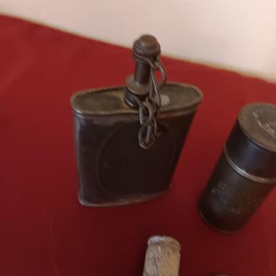 MILITARY MACHINE GUN OILER CAN, METAL COLGATE SHAVING STICK, BULLET KEYCHAIN AND SPENT CARTRIDGES