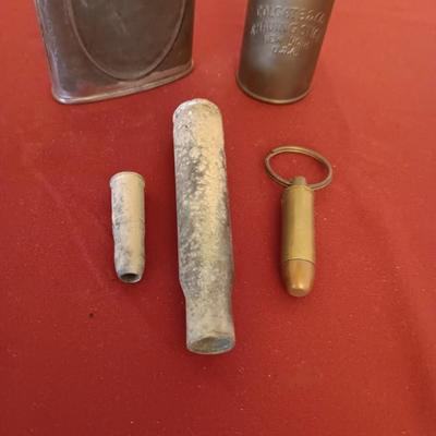 MILITARY MACHINE GUN OILER CAN, METAL COLGATE SHAVING STICK, BULLET KEYCHAIN AND SPENT CARTRIDGES