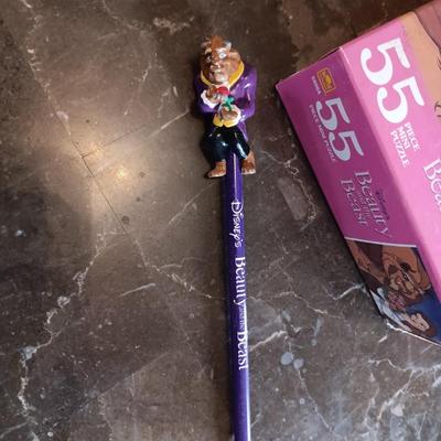 DISNEY'S BEAUTY AND THE BEAST COIN BANK, JIGSAW PUZZLE AND PENCIL