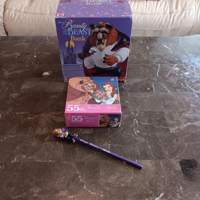 DISNEY'S BEAUTY AND THE BEAST COIN BANK, JIGSAW PUZZLE AND PENCIL