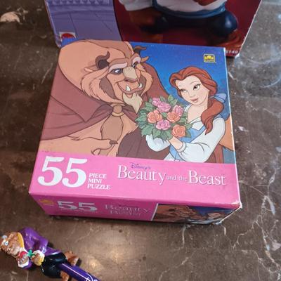DISNEY'S BEAUTY AND THE BEAST COIN BANK, JIGSAW PUZZLE AND PENCIL
