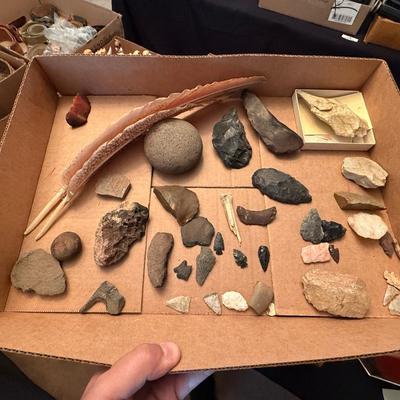 Sale Photo Thumbnail #552: various small baskets, tools, arrowheads, feathers +