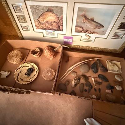 Sale Photo Thumbnail #550: various small baskets, tools, arrowheads, feathers +