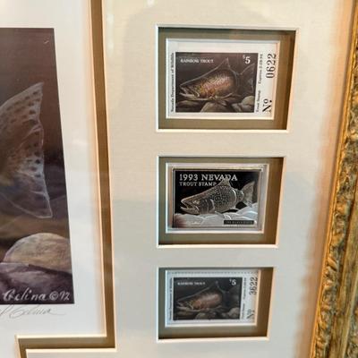 Sale Photo Thumbnail #759: long framed NV Trout Dbl. print w/stamps & 2 silver 