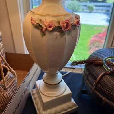 Sale Photo Thumbnail #919: 2 working 34”t white & floral Table Lamps as shown