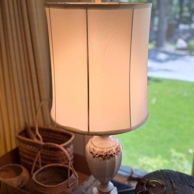 Sale Photo Thumbnail #915: 2 working 34”t white & floral Table Lamps as shown