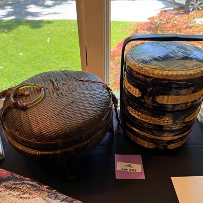 Sale Photo Thumbnail #935: Woven Basket w/Lid and 3 tiered stacking boxes