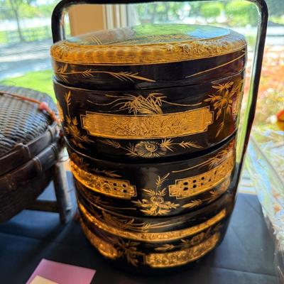 Sale Photo Thumbnail #936: Woven Basket w/Lid and 3 tiered stacking boxes
