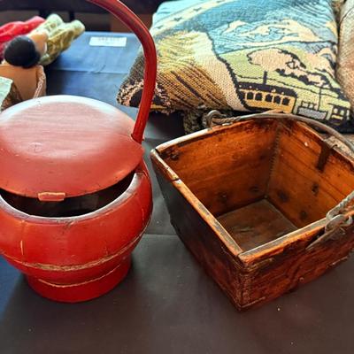 Sale Photo Thumbnail #1001: 2 diff. Wood handled baskets or boxes - old looking