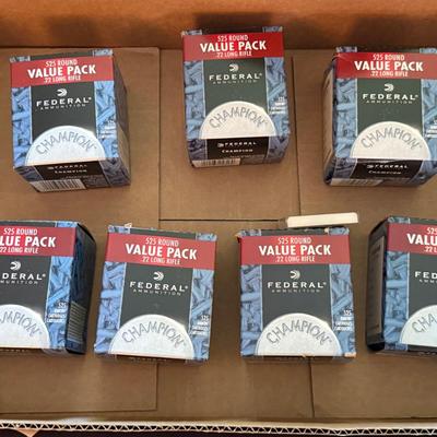 Sale Photo Thumbnail #1012: 7 Boxes of Federal 22 Long Rifle Ammo - 525 per box