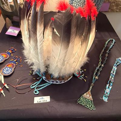 Sale Photo Thumbnail #1045: Native American Bead & Feathered Head Dress Pc.