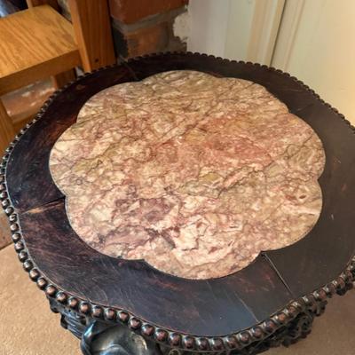 Sale Photo Thumbnail #1076: Black wood & marble top asian themed 18”t table