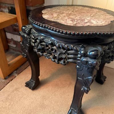 Sale Photo Thumbnail #1077: Black wood & marble top asian themed 18”t table