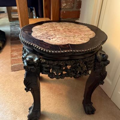 Sale Photo Thumbnail #1075: Black wood & marble top asian themed 18”t table