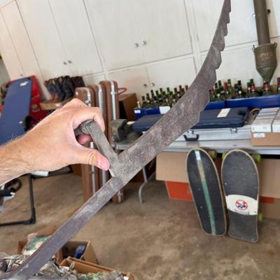 Sale Photo Thumbnail #1221: Vtg. hand tools in window & 2 piece barbed wire