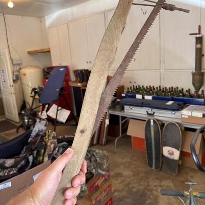 Sale Photo Thumbnail #1220: Vtg. hand tools in window & 2 piece barbed wire