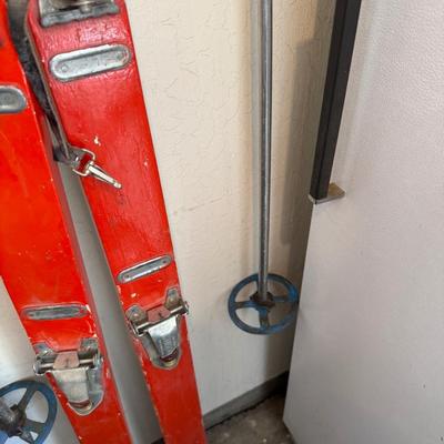 Sale Photo Thumbnail #1247: Pair of Orange & Gray Snow Skis & metal poles