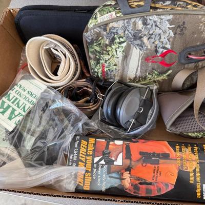 Sale Photo Thumbnail #1255: Box of assorted hunting & shooting supplies as shown
