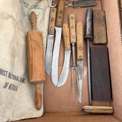 Sale Photo Thumbnail #1303: Box with punch of vintage Knives/Rolling Pin/Stone