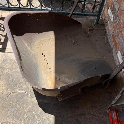 Sale Photo Thumbnail #1439: Vintage Metal Forklift Bucket in yard about 3’ x 3’